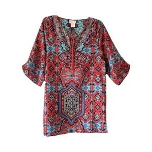 Soft Surroundings | Multicolored Boho Turkish Print Ruched Tunic Top, Medium